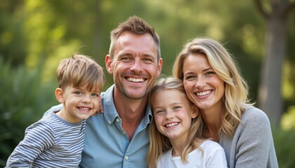 Fototapeta premium A cheerful family of four beams with happiness in a lush green park, radiating warmth and love. The parents, a man and a woman, are joined by their two children, a boy and a girl, creating a
