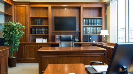Clean and organized law office with a desk and computer