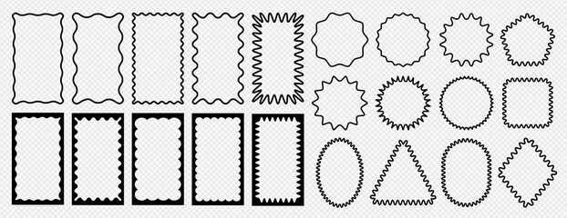 Groovy silhouette pattern art collection featuring psychedelic y2k squiggle frame, doodle rectangle, tag, flower label, star, text message box or brutal sun shape with wavy zigzag edge or retro border