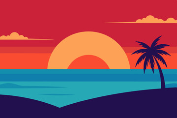 Sunset Illustration of Gradient beach landscape silhouette vector background