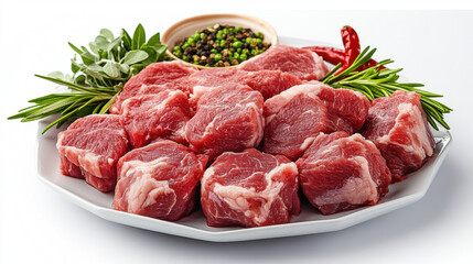 Chinese mutton in white plate, on white background. raw and fresh ingredients.