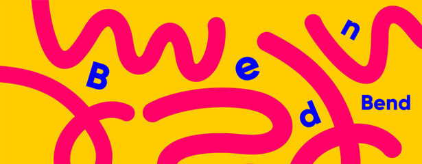 Colorful abstract design featuring bold magenta lines on a vivid yellow background, spelling “Bend” with scattered blue letters. A joyful, dynamic composition full of curves and graphic energy.