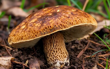 Detailed Closeup of a Brown Mushroom in Forest Soil