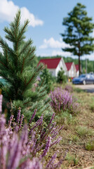 A tranquil scene featuring a lush green pine tree in the foreground, complemented by vibrant purple heather. In the background, quaint houses and a blue sky enhance the peaceful atmosphere.