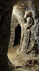 Fototapeta premium Ancient petroglyphs cave carvings representing ancestral figures and mystic symbolism