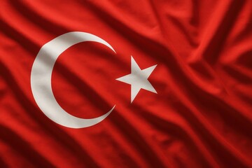Waving Turkish flag displaying a white crescent and star on a red background.
Concept of: Turkish patriotism.