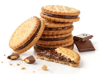 Crunchy sandwich cookies filled with rich chocolate cream, ideal for snack ads, packaging, and dessert promotions.