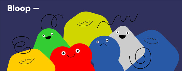 Charming character cluster under the word “Bloop –” on a deep indigo background. Each shape expresses a unique emotion, creating a whimsical, cozy atmosphere full of personality and playfulness.