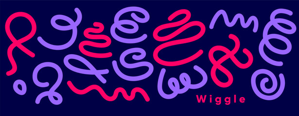 Abstract playful background with wavy, noodle-like purple and red lines on a deep navy backdrop. Dynamic, motion-inspired forms create a vibrant and energetic visual labeled "Wiggle."