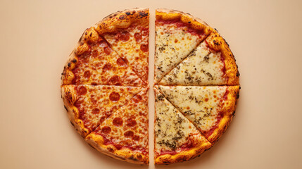 pizza perfectly divided in half in top view. on beige background.