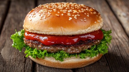 A gourmet burger with ketchup dripping slightly from the side.