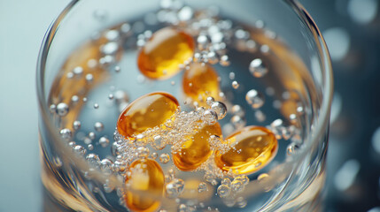 Close-up of a transparent glass filled with water, with a muti vitamin tablet dissolving. Fish oil. Yellow soft gels or capsules are in white bottle cap. Blue surface. Vitamins and healthy lifestyle.