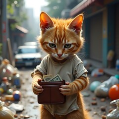 A small orange tabby stray street cat 