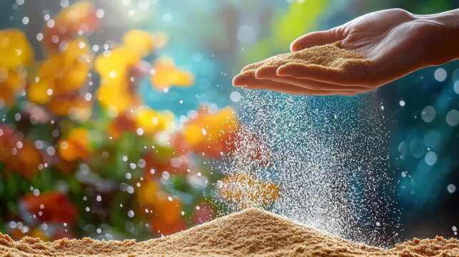 hand gently pouring fine sand, symbolizing passage of time, with vibrant floral background creating serene atmosphere. image captures delicate nature of time slipping away