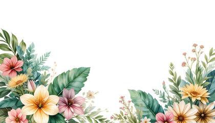 Watercolor of Tropical spring floral green leaves and flowers s isolated on transparent png background, bouquets greeting or wedding card decoration