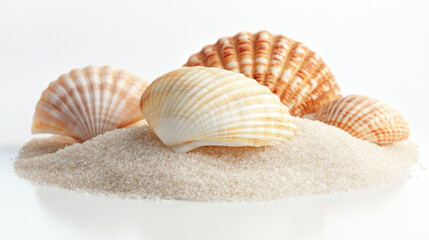 collection of seashells resting on bed of fine sand, showcasing their intricate patterns and colors. serene coastal vibe evokes sense of tranquility and natural beauty