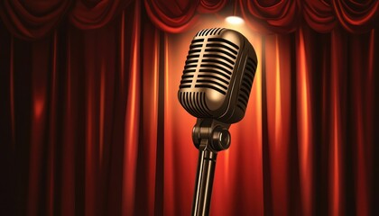 Vintage microphone illuminated on stage before draped red velvet curtains