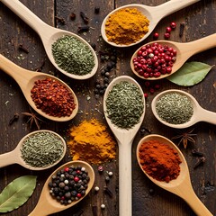 A vibrant collection of exotic spices in wooden spoons, a warm and inviting culinary scene showcasing the rich colors and textures of flavorful herbs and powders on a dark wooden background.