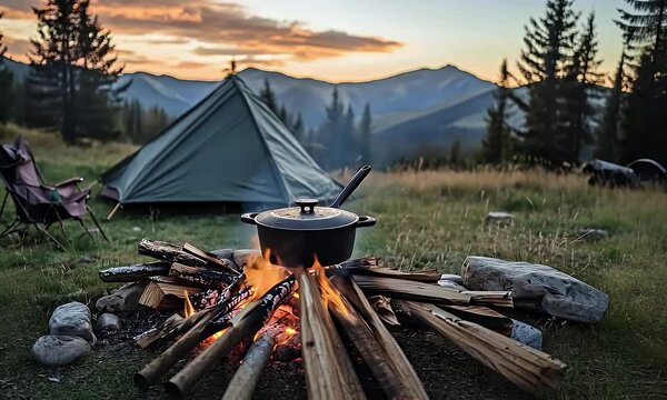 Dolly zoom-in shot of a campsite at sunset with a pot cooking over a campfire, surrounded by tents and mountains in serene wilderness.