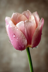 Fototapeta premium Pink tulip with water droplets in soft natural light