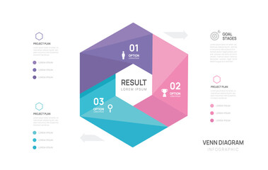 Venn diagram infographic geometric chart template for business start up presentation vector illustration.