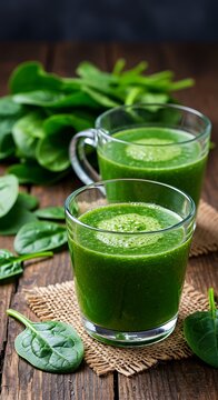 Refreshing spinach smoothies in glasses, a vibrant green elixir boosting health and vitality on a rustic wooden table with natural light.