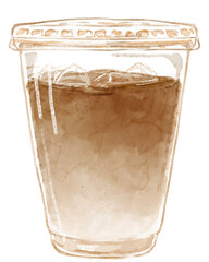 プラスチックのカップに入ったアイスカフェラテの水彩イラスト