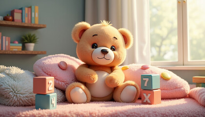 Adorable teddy bear with pink blanket and playful toy blocks
