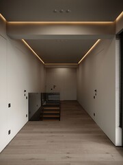 Modern contemporary entrance hall in dark color with console table, mirror, comfortable sitting and warm lighting   