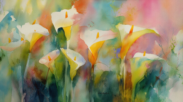 vibrant watercolor painting of calla lilies, showcasing their beauty and elegance colorful