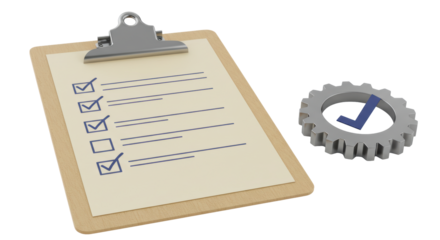Isolated Clipboard with Checklist and Gear with Checkmark