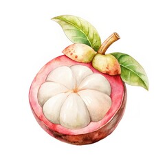 Watercolor of fresh mangosteen fruit with leaves  