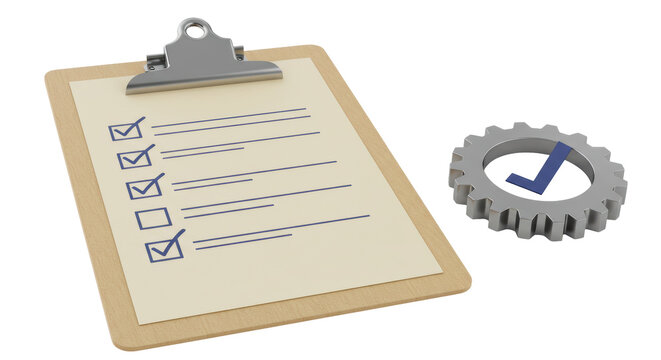 Isolated Clipboard with Checklist and Gear with Checkmark
