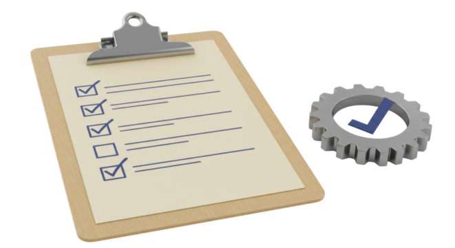 Isolated Clipboard with Checklist and Gear with Checkmark