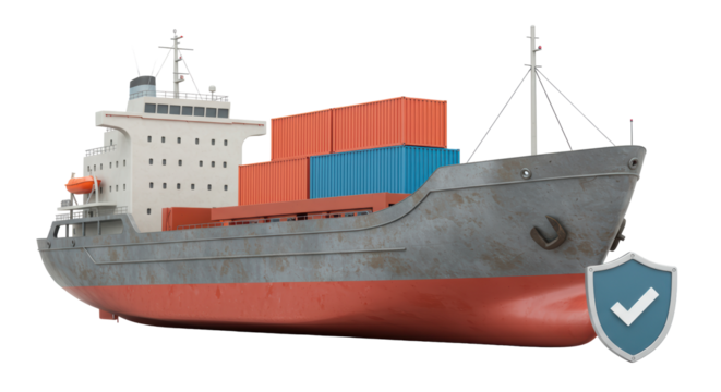 Isolated Cargo Ship with Containers and Security Shield