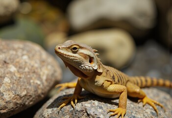 Obraz premium Bearded dragon basking on rocks in natural sunlight 