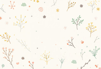 Dense abstract background filled with plant line illustrations in solid colors. Flat, vector-style pattern with no gradients or soft effects.