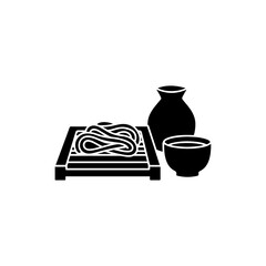Zaru Soba on Bamboo Tray with Dipping Sauce Icon - Black Filled Style