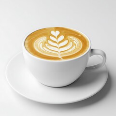 A perfectly poured latte art showcasing a delicate leaf design in a warm, inviting white mug on a crisp saucer.