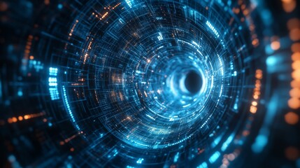 Abstract Digital Tunnel With Glowing Blue And Orange Lights