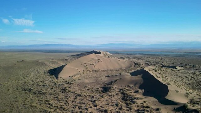 Aerial view of the Singing Dune in Kazakhstan&rsquo;s Altyn-Emel National Park. 
