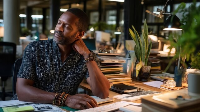 Thoughtful Black man reflecting during late work session in modern office