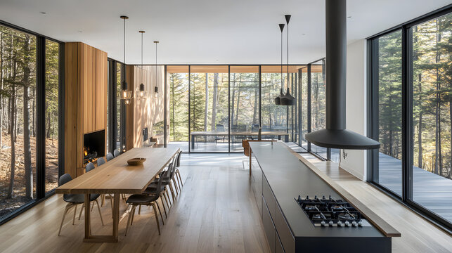 Modern Interior with Forest View: A contemporary, open-plan interior showcasing minimalist design, natural light, and a panoramic forest view. This architectural marvel fuses nature and elegance