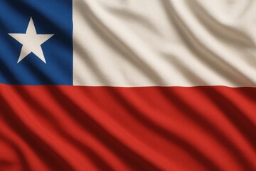 Naklejka premium The Chilean flag, with its white star on a blue square, a white stripe and a red stripe, flutters in a slight breeze. Concept of: Chilean Patriotism.