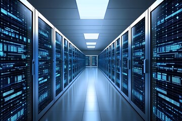 Fototapeta premium Futuristic Server Room Corridor Digital Data Center