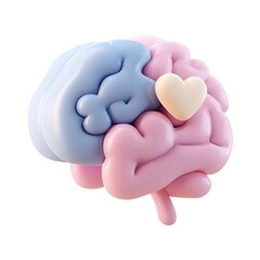 3D Soft Cartoon Clay Style Brain Icon with Heart Symbol Representing Mental Health Concept