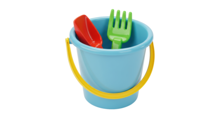 Isolated Blue Plastic Bucket with Shovel and Rake for Beach Play