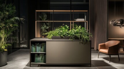 Modern Office Interior with Green Plants and Storage Cabinet