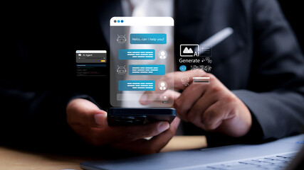 Chat with AI or Artificial Intelligence. Young businessman chatting with a smart AI or artificial intelligence using an artificial intelligence chatbot developed by OpenAI.