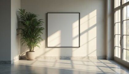 Obraz premium A serene and minimalist interior showcases a blank frame against a softly lit wall, complemented by a vibrant green plant in a stylish pot. This tranquil scene evokes feelings of calm and creativity